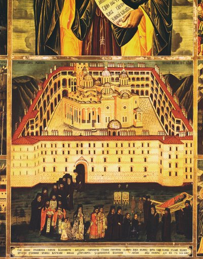 St. Johannes von Rila Thaumaturge (Detail des Trauerzugs, der das Kloster Rila verlässt) von Master John of Samakov